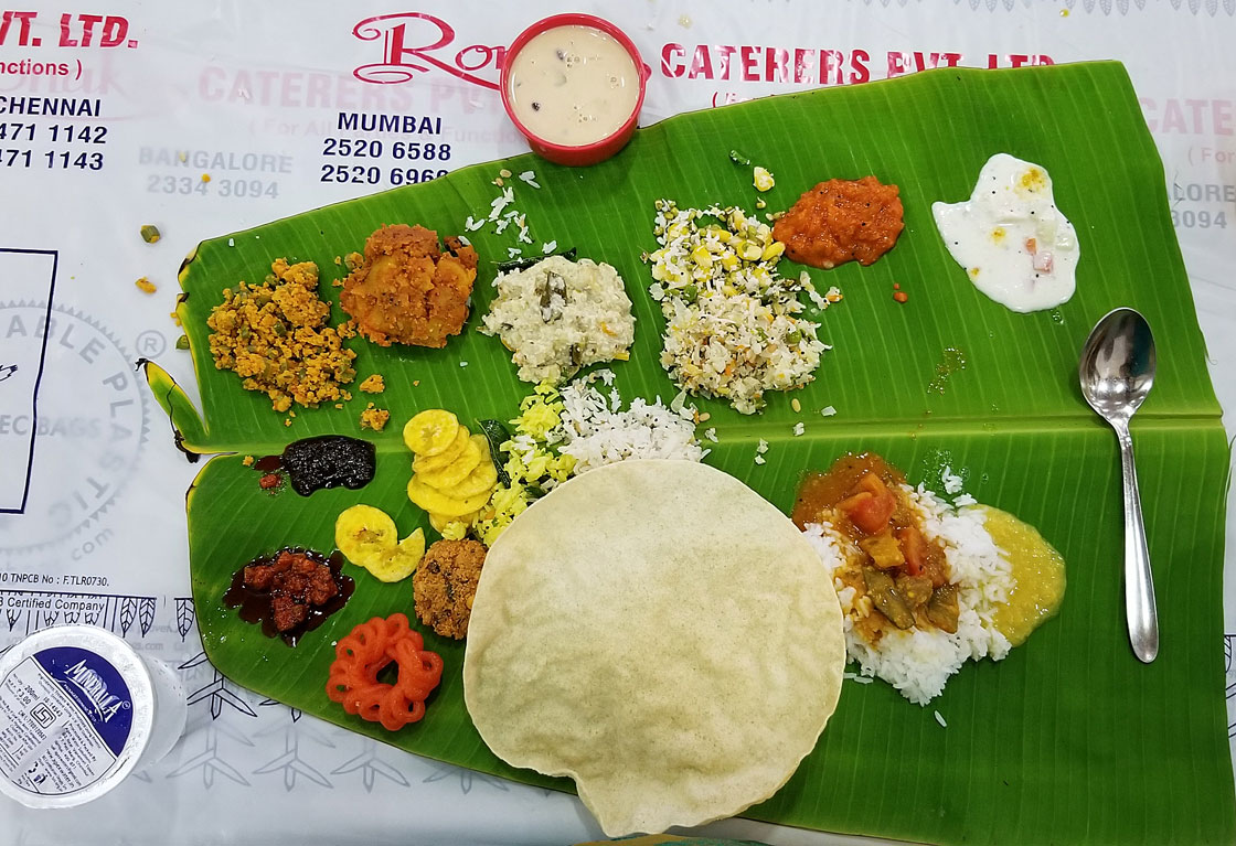 A special occasion Indian meal, served on a banana leaf.
