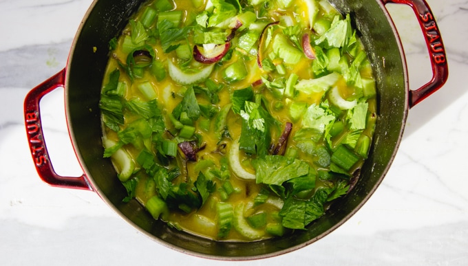 celery for cream of celery soup in a pot