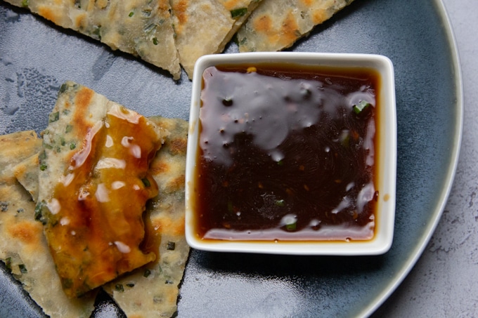 soy chili sauce with scallion pancakes