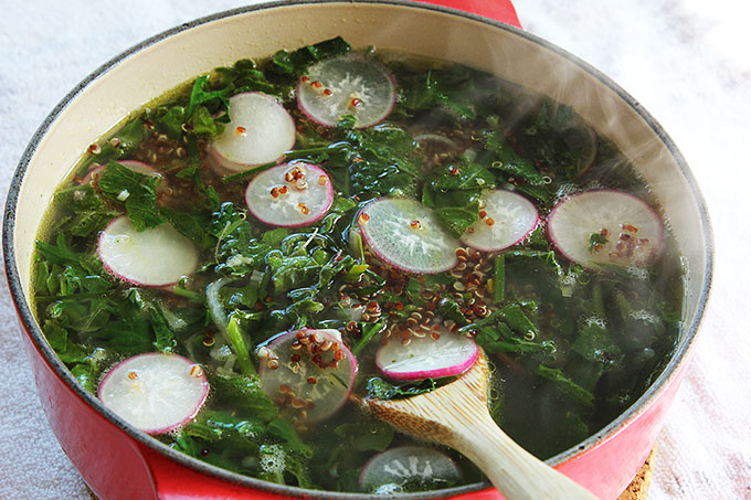 Quinoa soup with spring greens
