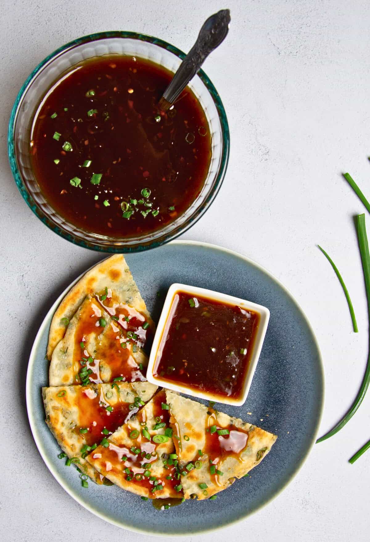 soy chili sauce with chive pancake