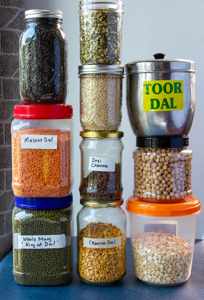 A pantry filled with Indian dal, beans and lentils. 