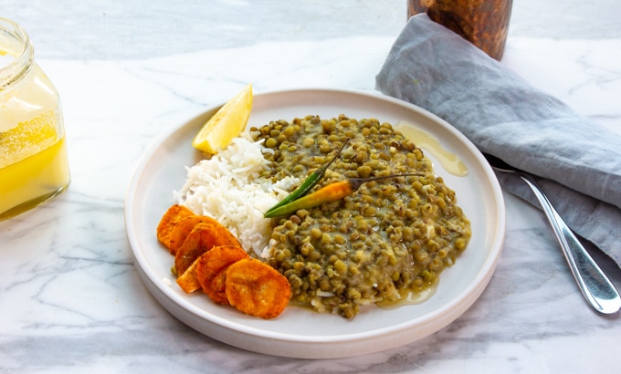 Whole mung dal on a plate
