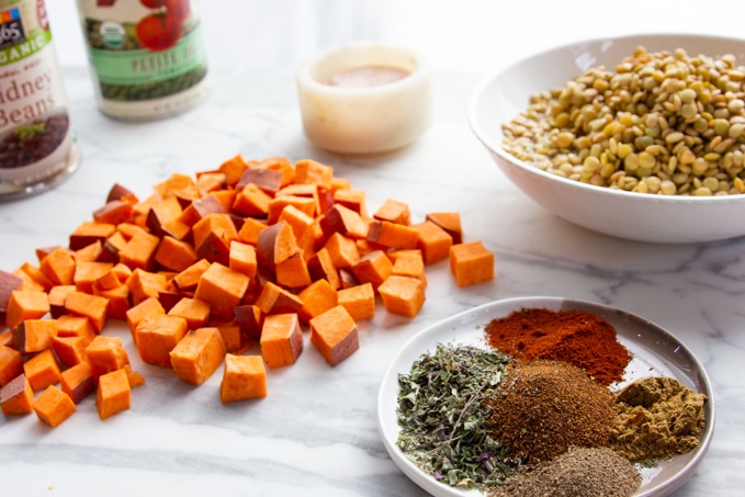 ingredients for vegetarian chili with sweet potato
