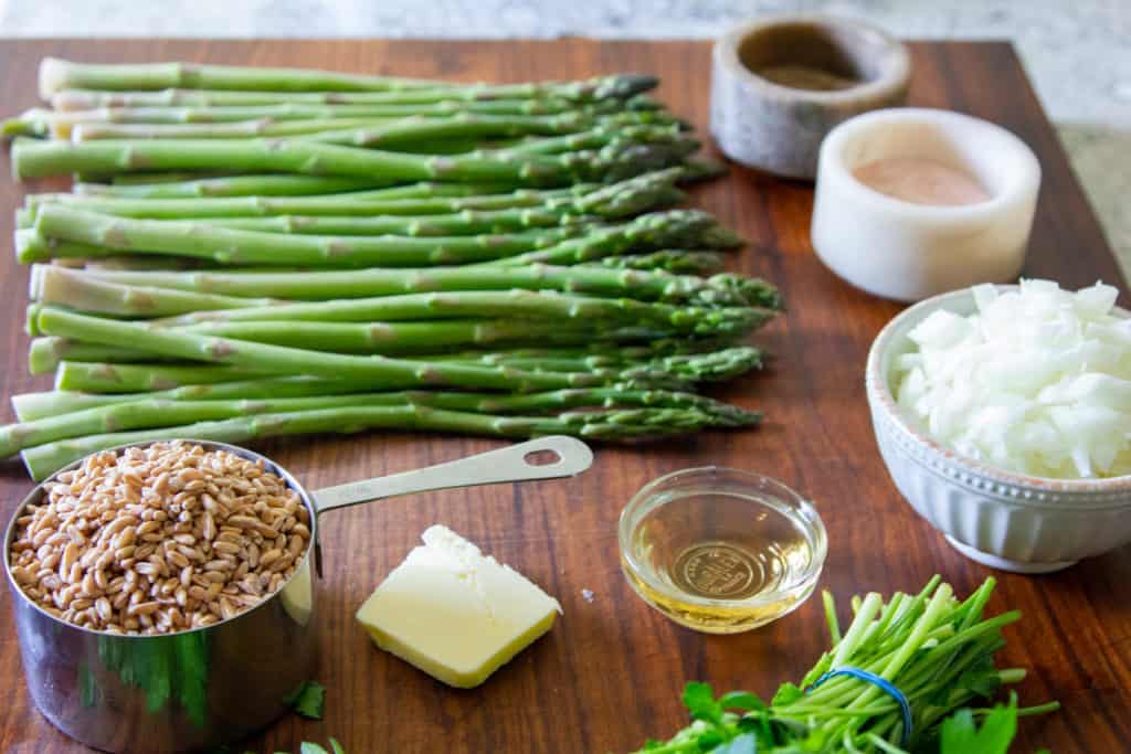 ingredients for asparagus farro risotto