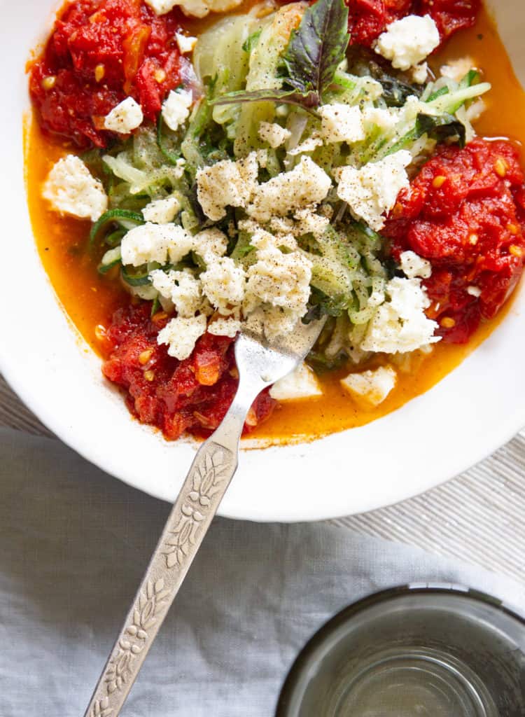 Zucchini Noodles with tomato and feta cheese

