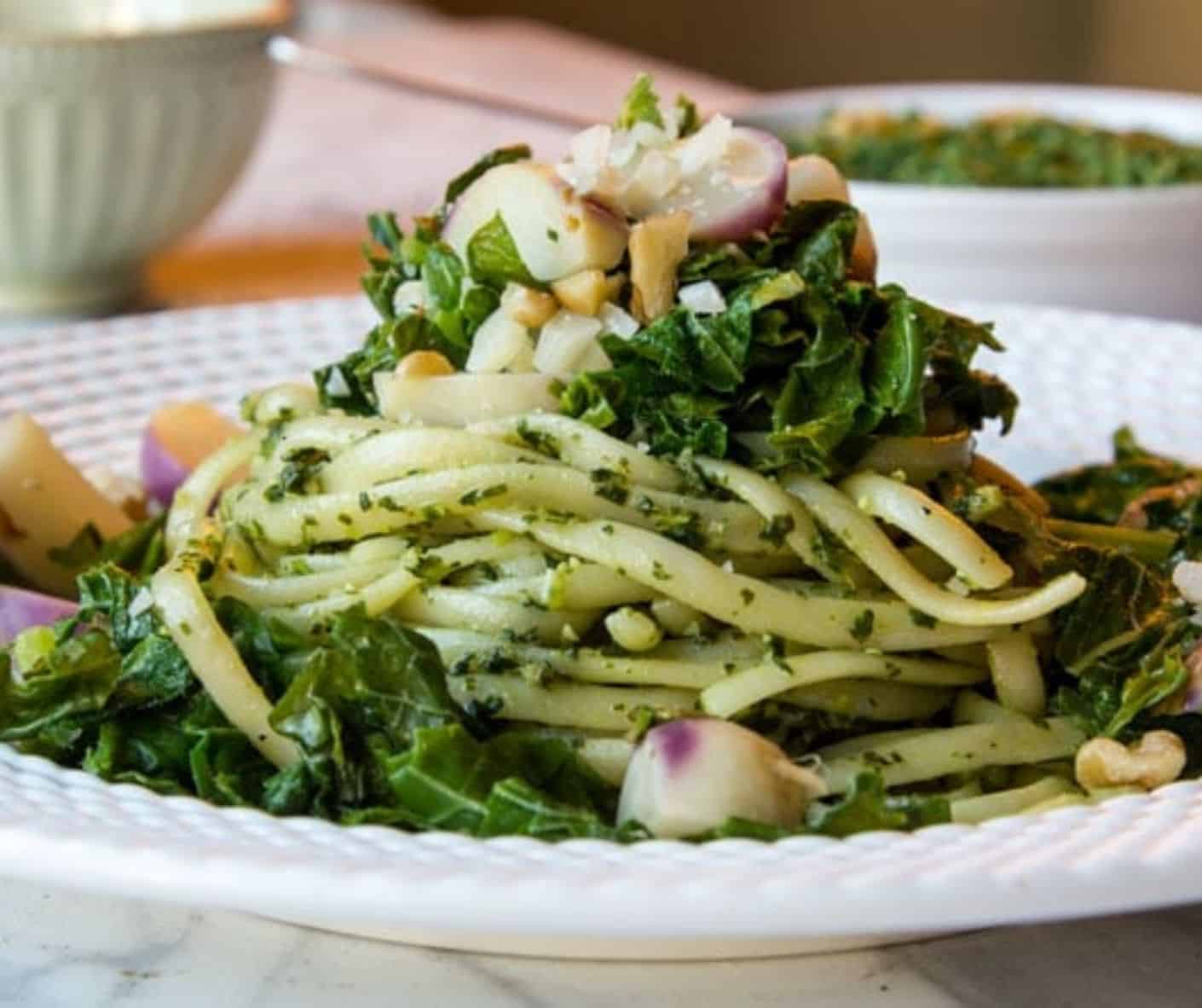 ‘Chewy’ Pasta With Succulent Arugula Pesto And Baby Turnips