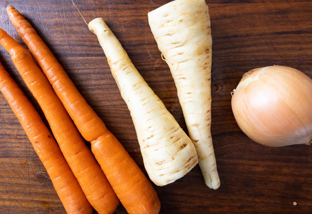 carrots, parsnips and onion