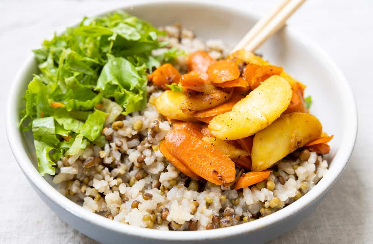 parsnips and carrots with grain, lentils and green salad