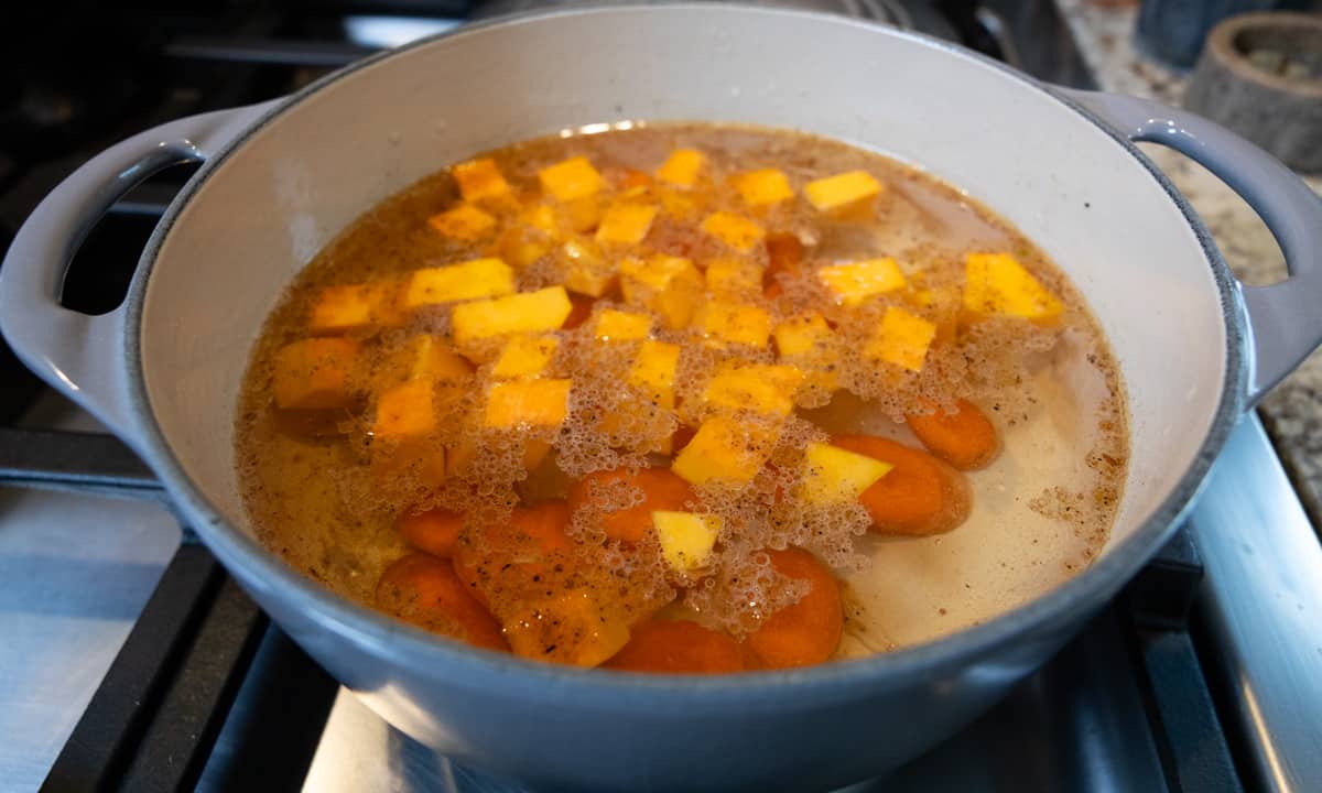chopped winter squash and carrot in saucepan
