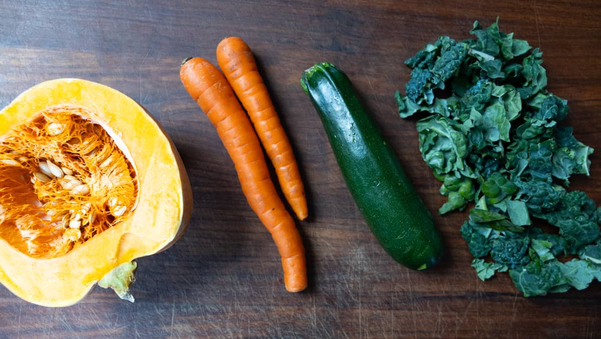 winter squash, carrots, zucchini, and leafy greens