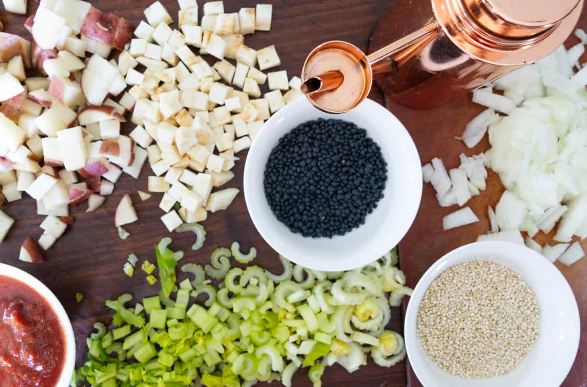 black lentils, quinoa, vegetables, celery, celery root, tomato, fresh herbs