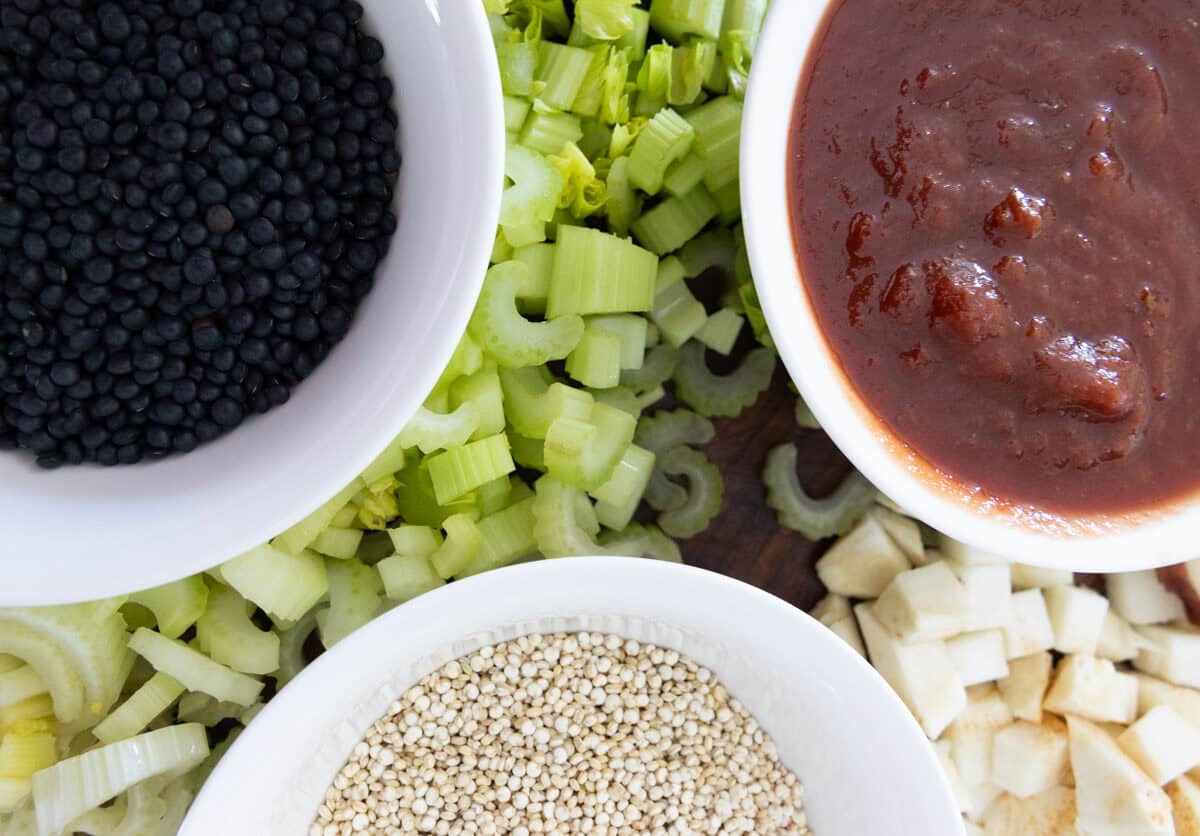tomato, black lentil, quinoa, celery, celery root