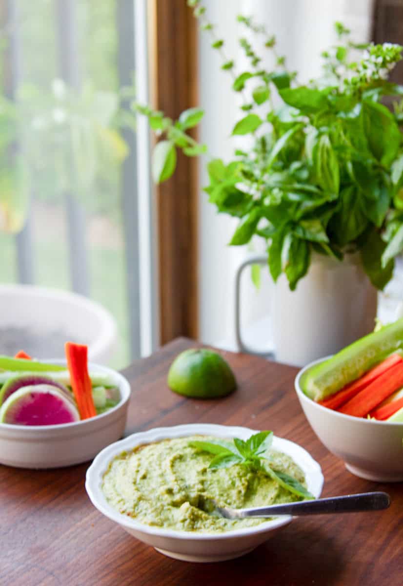 basil lime hummus by the window