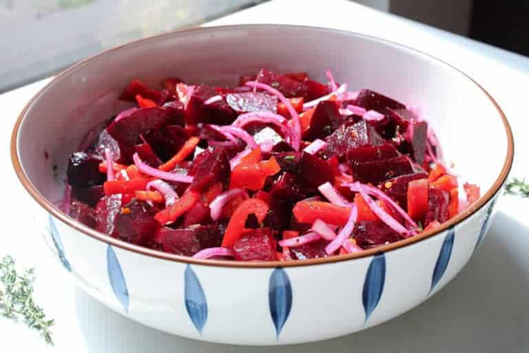 Quick Pickled Beet Salad with Onions and Red Bell Peppers