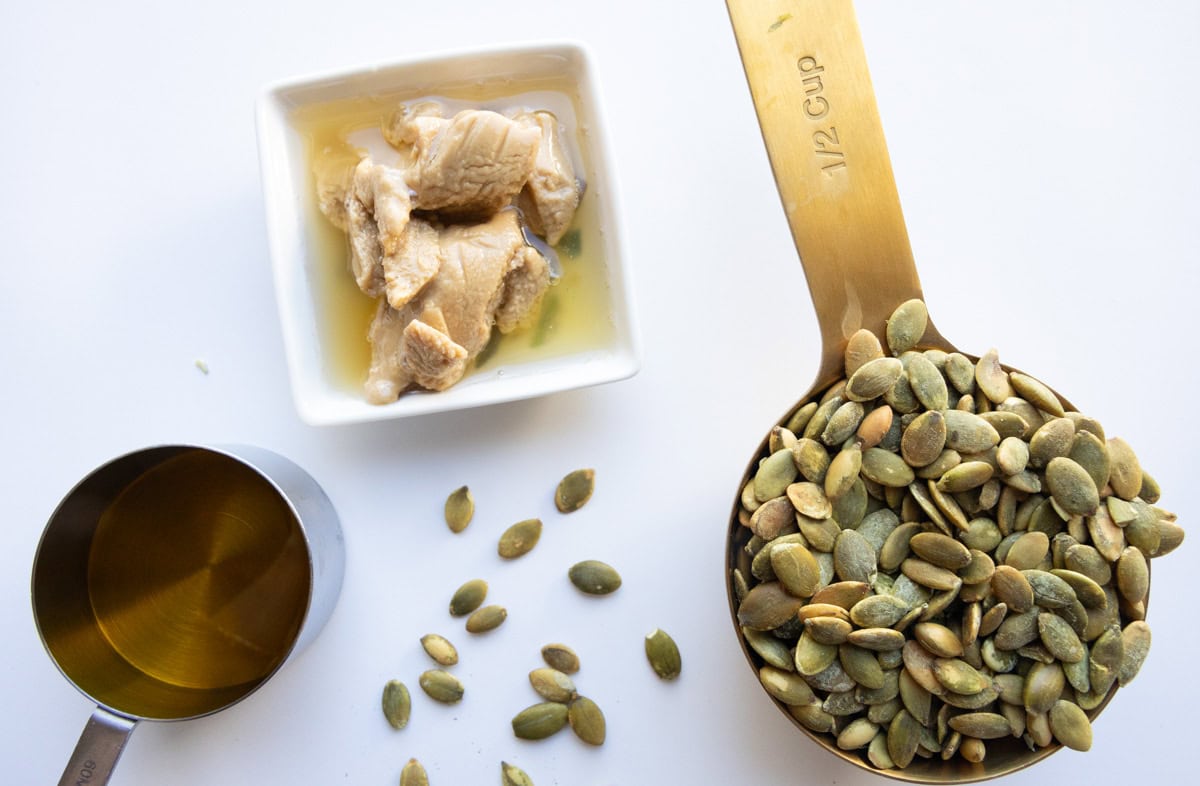 Olive oil, tahini, pumpkin seeds