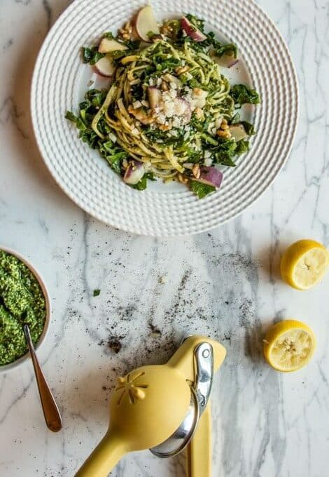 Chewy pasta arugula pesto baby turnips and greens