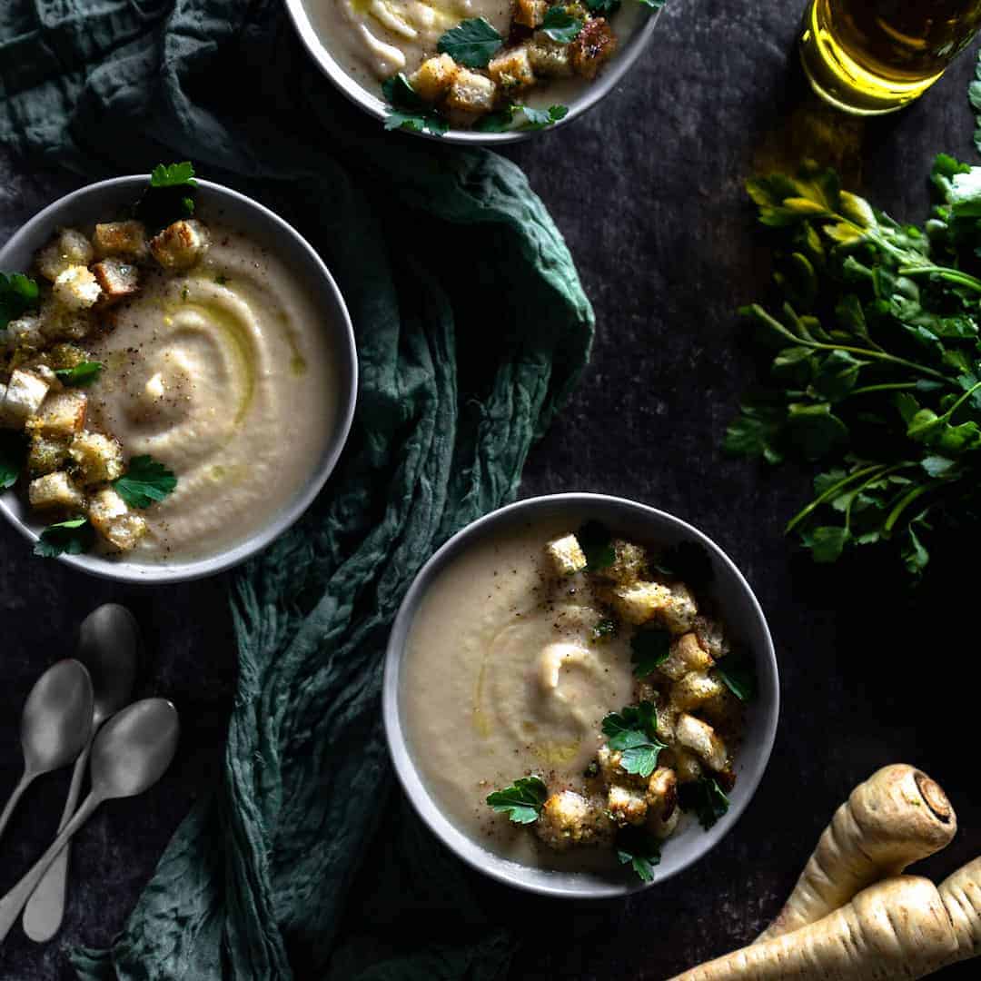 Roasted Parsnip Soup with Gremolata Croutons
